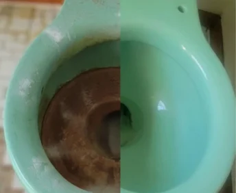 Side by side comparison for a green porcelain toilet before and after a deep clean.