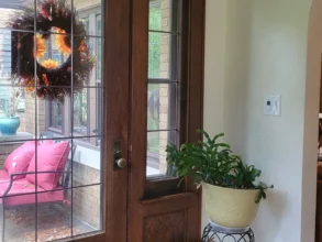 Tidy entrance to a home with a dark wooden and glass door.
