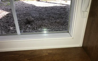 Close up of the right bottom corner of a white window sill after a deep cleaning.