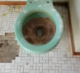 Green toilet incredibly dirty with a white cleaning powder sitting on top.