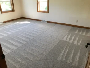 Clean vacuum lines on a gray carpet, in a small bedroom after a move-out deep clean.