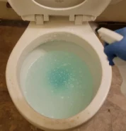 prep-1-spray-toilet-rim-seat - frame at 0m5s Prepping a toilet for deep cleaning by spraying with product included in a move out cleaning service.