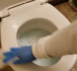 wipe-toilet Wiping the toilet with a damp rag for a move out deep clean service.